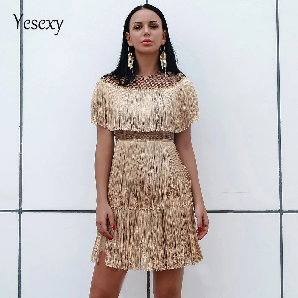 

Yesexy 2019 Women Sexy O Neck Short Sleeve Hollow Out Dresses Female Tassels Women Elegant Bodycon Dress Vestdios VR9341-1