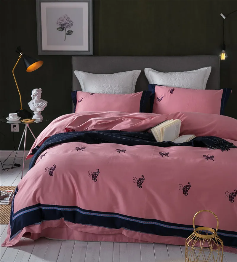 White Pink 100 Egyptian Cotton Embroidery Butterfly Bedding Set