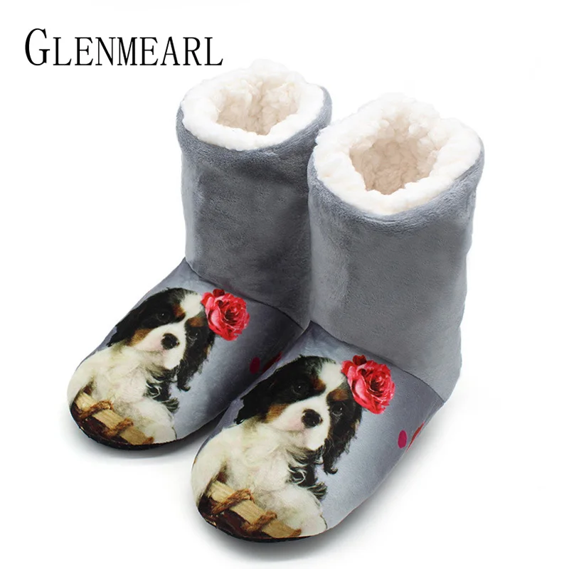 

Women Slippers Indoor Shoes Winter Home Slippers Cute Dog Warm Long Tube Plush Shoes Female Flats Plush Ladies Shoes DE