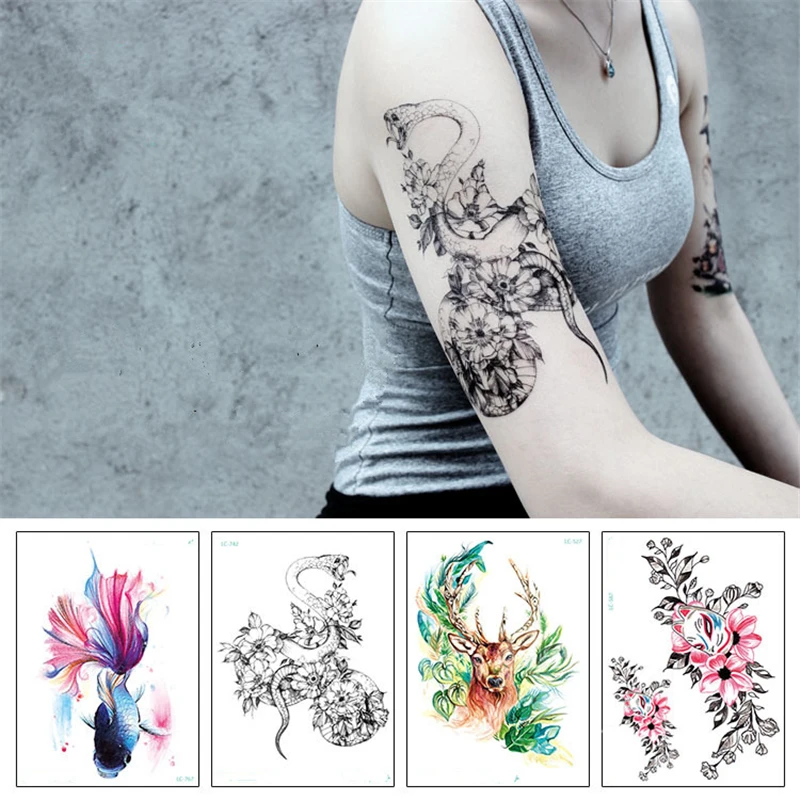 

Snake Flower Temporary Tattoo 5pc Colorful Fish Elk Cat Body Art Stickers Waterproof Flash Tattoos Sticker Black Tatoo Men Women