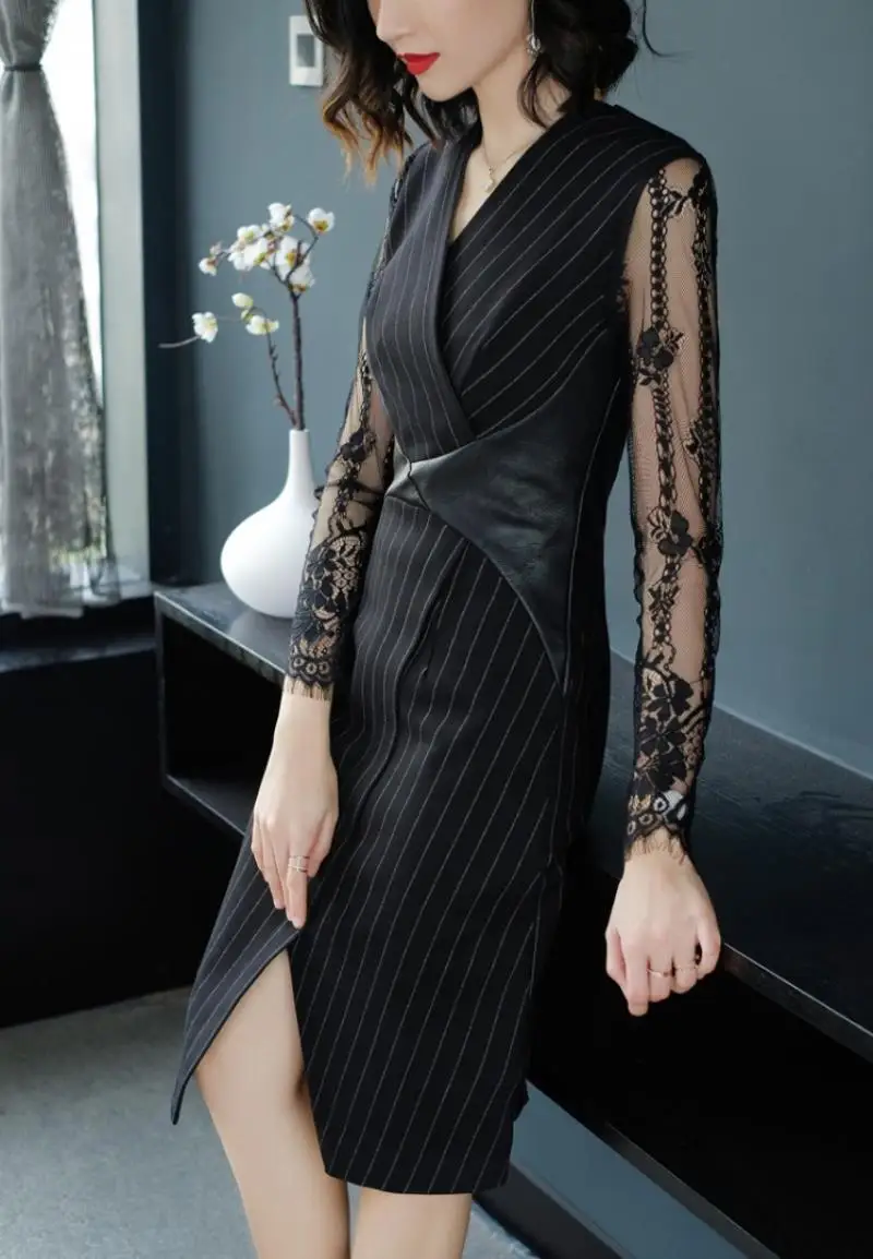 2018 New Spring Plus size   stripe  Lace   Net yarn  Long sleevesr Dress   Black Sexy  Party Texture Clothes Garment Dress