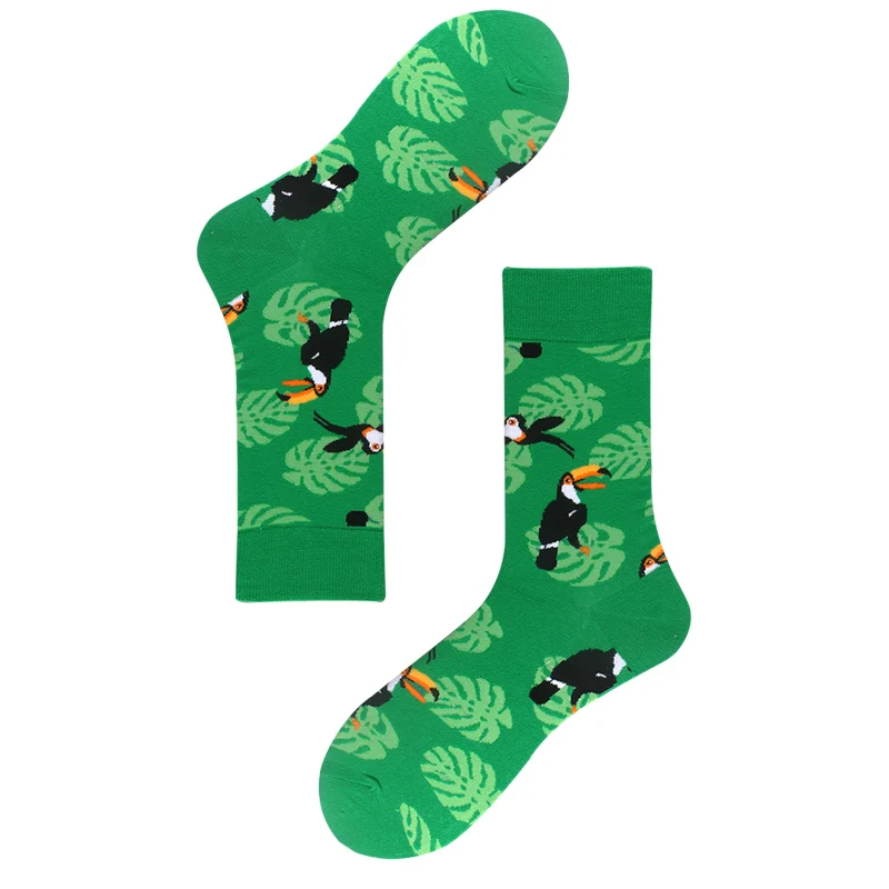 Забавные крутые хлопковые мужские носки в стиле Харадзюку, теплые носки для свадьбы, подарок, уличные носки в стиле хип-хоп, носки с животными, мужские носки большого размера, носки для пиццы - Цвет: Toucan