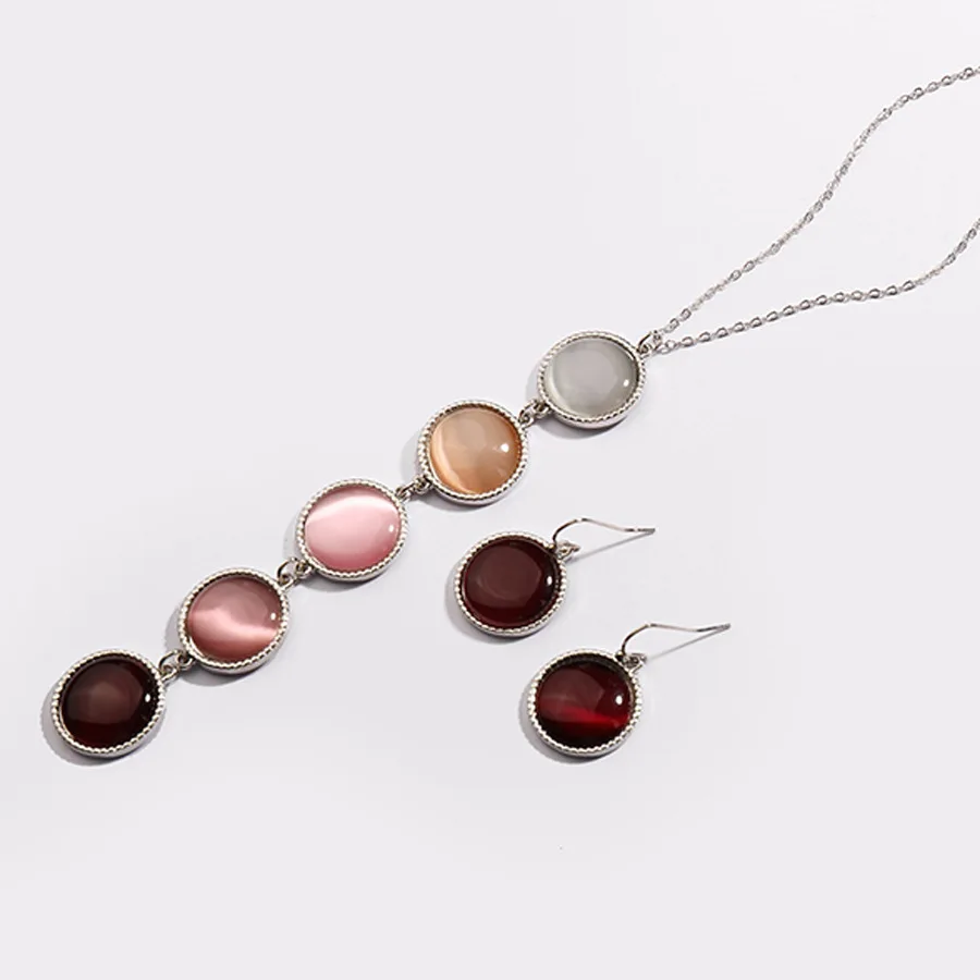 

Fashion Long Chain Purple Opal Round Cat Eye Stone Pendant Necklace Sets With Earrings