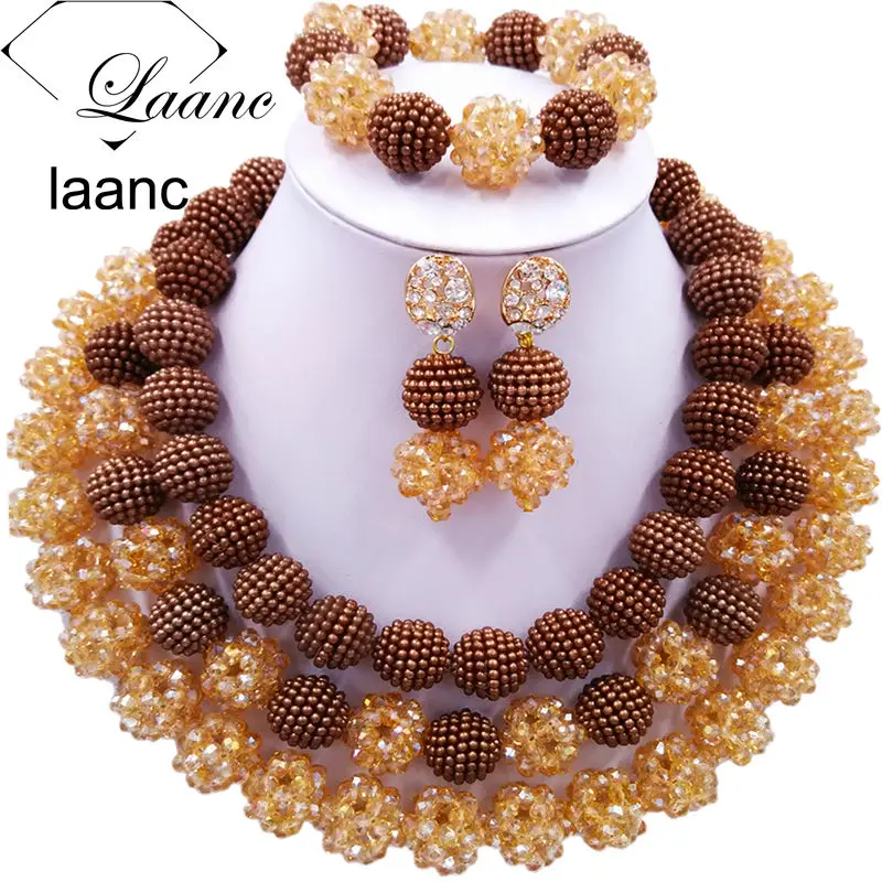 

Laanc Brown and Gold AB Nigerian Wedding African Beads Jewelry Set Crystal and Simulated Pearl J3PC006