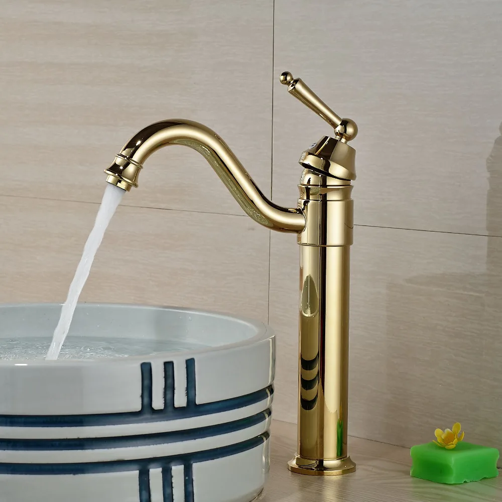 Solid Golden Brass Bathroom Basin Faucet Swivel Spout Vanity Sink Mixer