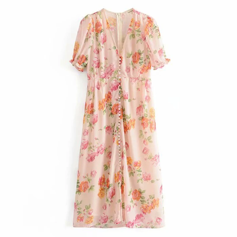 

WXWT Women's dress fashion retro small floral button decoration commuter lady print dress casual holiday elegant brand dress