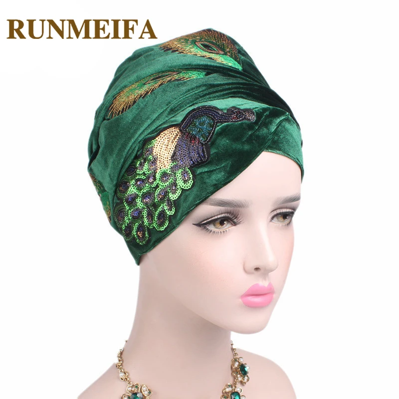 

New Arrival Peacock Pattern Velvet Muslim Headscarf Ruffle Hijab Elegant Turban Soft Comfortable Beanies Head Wrap Mother Hat