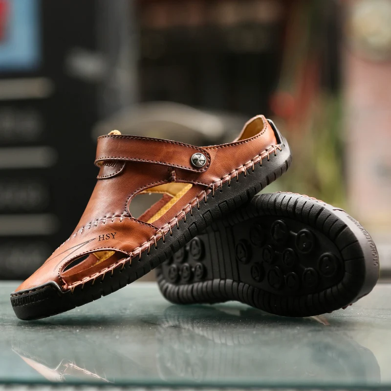 

High Quality Summer sandals leather men Beach genuine Sandals men Outdoor Breathable Rubber Flip Flops Male Water Trekking Shoes
