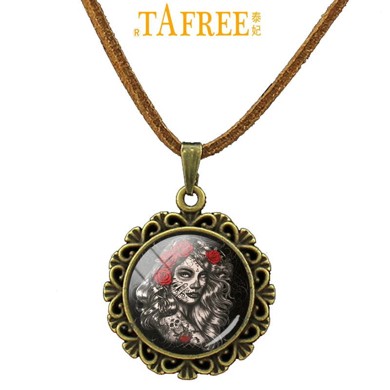 

TAFREE steam punk Bohemia Paisley Skull leather necklace vintage Halloween Skull choker women holiday jewelry friends gifts A616