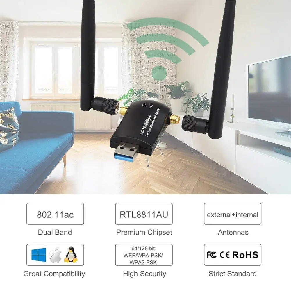 Беспроводной USB Wi Fi адаптер 1200 Мбит/с двухдиапазонный 2 4 ГГц/300 5 ГГц/867 высоким