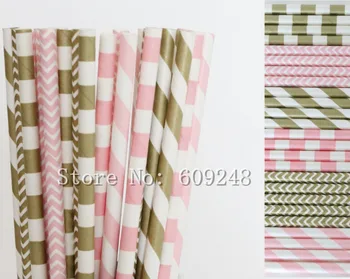 

150pcs Paper Straws Mix,Red Checkered,Light Pink,Metallic Gold Sailor Striped and Zig Zag Chevron,Vintage Wedding Baby Shower