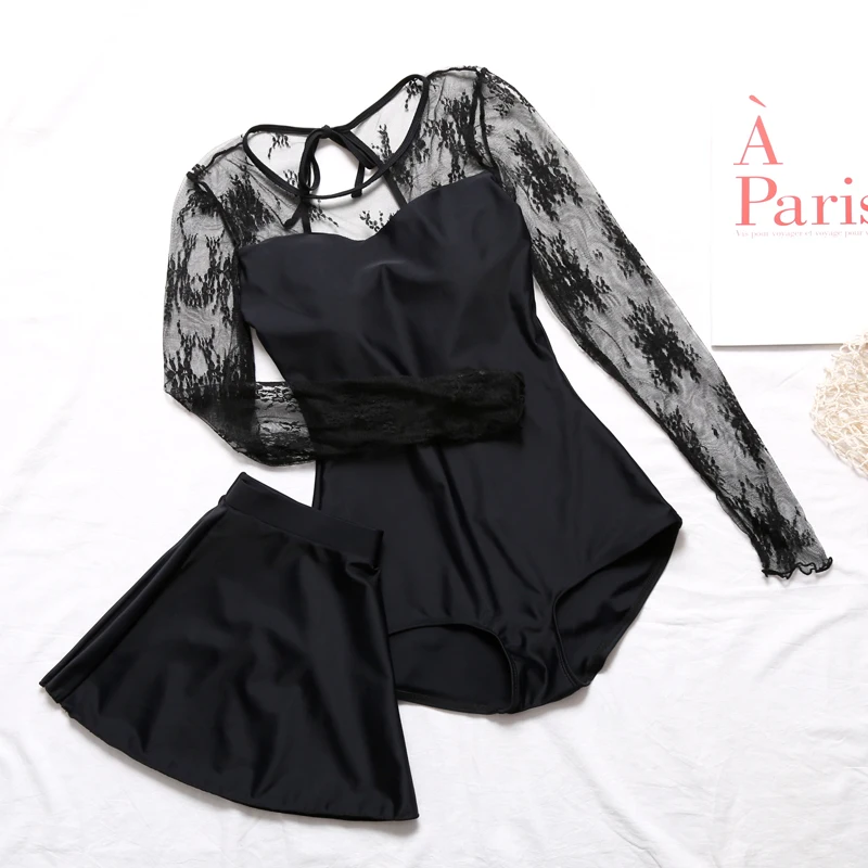 

Sexy Black Long Sleeve Lace One piece Swimsuit 2019 New Arrival High Quality Separate Skirt Swimwear Beach Women Bathing Suits