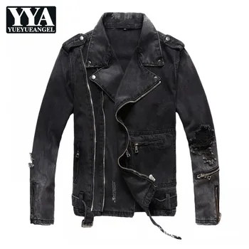

High Quality Men Autumn Slim Fit Motorcycle Biker Denim Jacket Black Hole Ripped Jeans Jacket Outerwear Coat Homme Plus Size 4XL