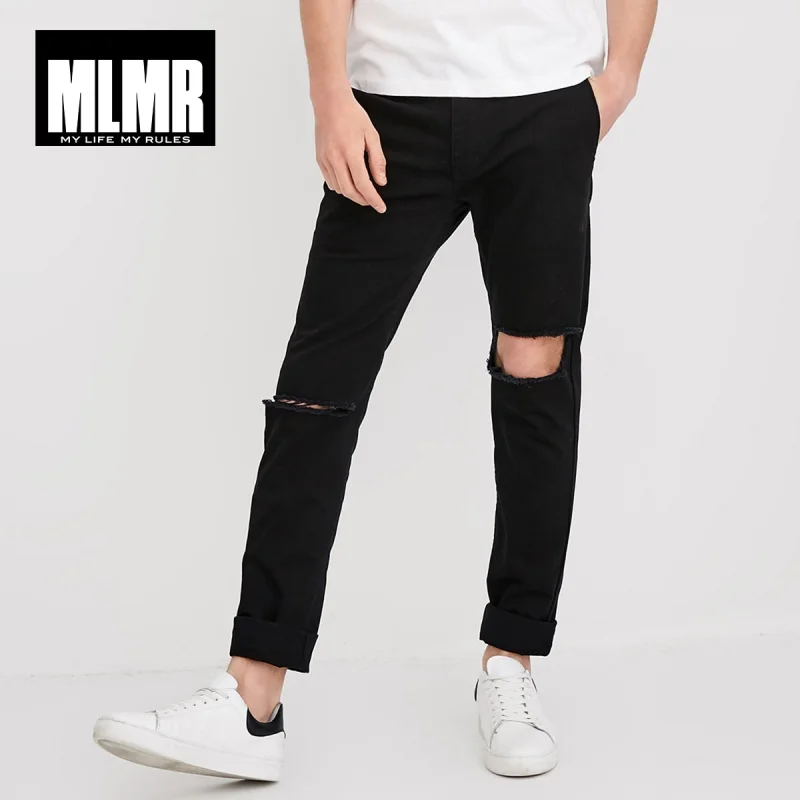 MLMR мужские эластичные хлопковые черные рваные повседневные брюки M | 218114564|Узкие