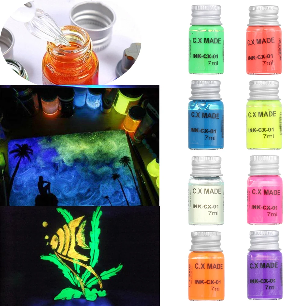 

7ml Glow in Dark Graffiti DIY non carbon Fluorescent ink Luminous ink Paint Bright Pigment Shiny Multifunction Tattoo Inks