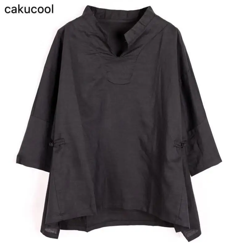 

Cakucool 2019 spring and summer models cotton and linen seven-point sleeves loose large size casual retro art women's shirt tops