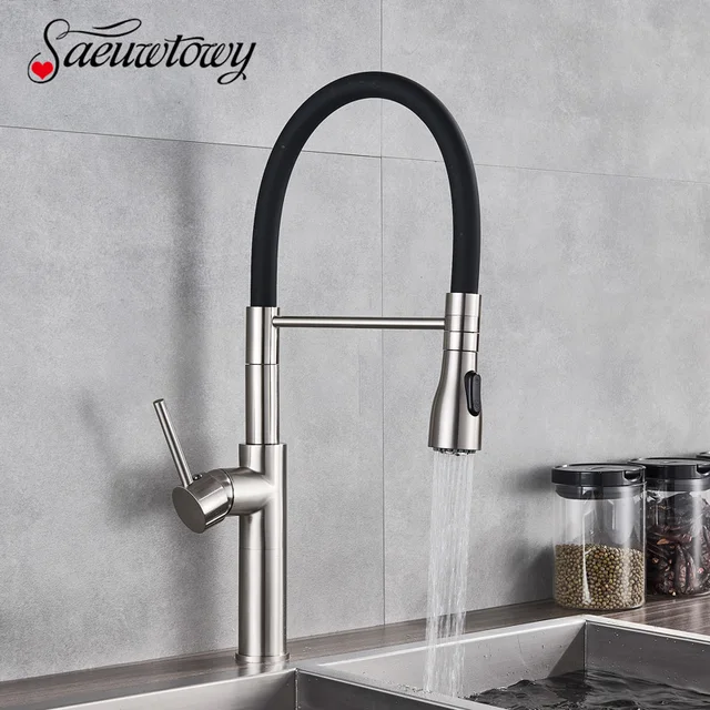 Cheap Saeuwtowy Brushed Nickel plus black Kitchen Faucet Single Handle Two Waterways Outlet  Hot and Cold Water Switch Mixer Tap 