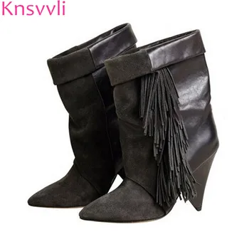 

Knsvvli kid suede fringe women strange style high heel pleated short boots pointed toe autumm slip on fashion runway shoes women
