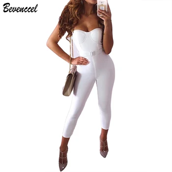 

2020 Women Sexy New Arrival Spaghetti Strap Bandage Jumpsuits Sleeveless Solid White Bodycon Celebrity Party Jumpsuit With Belt