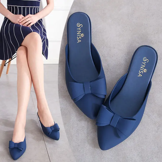 Новинка; модные летние женские пляжные шлепанцы в Корейском стиле из ПВХ с острым носком и бантом; женская прозрачная обувь без застежки на низком каблуке; 20190522 - Цвет: Blue