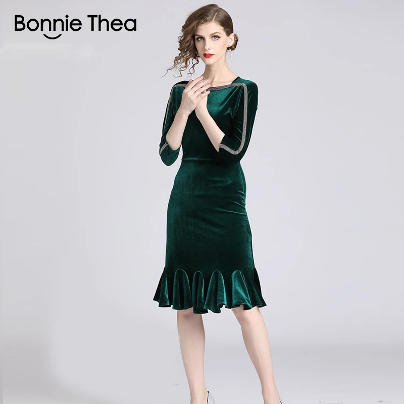 Bonnie Thea винтажное зеленое бархатное женское платье русалки vestido Осеннее