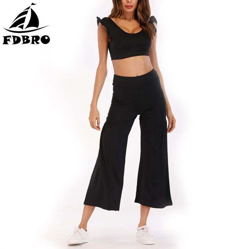 

FDBRO Yoga Sets Vest And Trousers Women o-Neck Leisure Suit Slim Fitness Leggings Workout Active Dance Loose Wide Leg Pants New