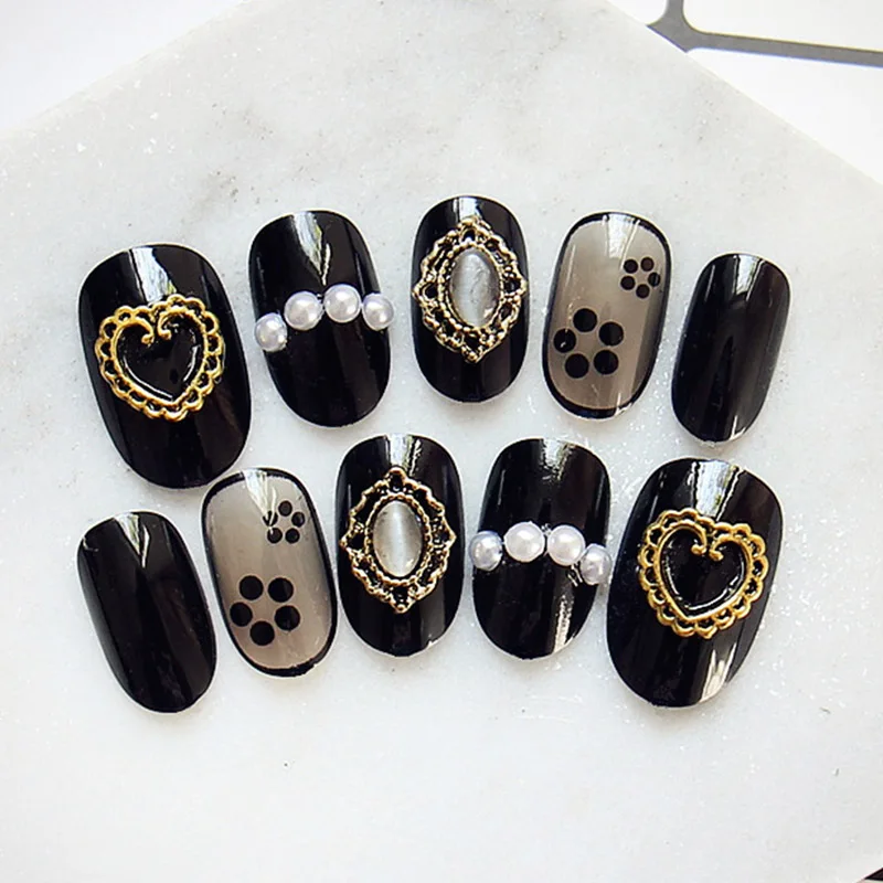 24pcs Elegant Black Dot Decor Glitter Gemstone False Nails Retro Acrylic Short Round Head Press On Finger Manicure With Adhesive