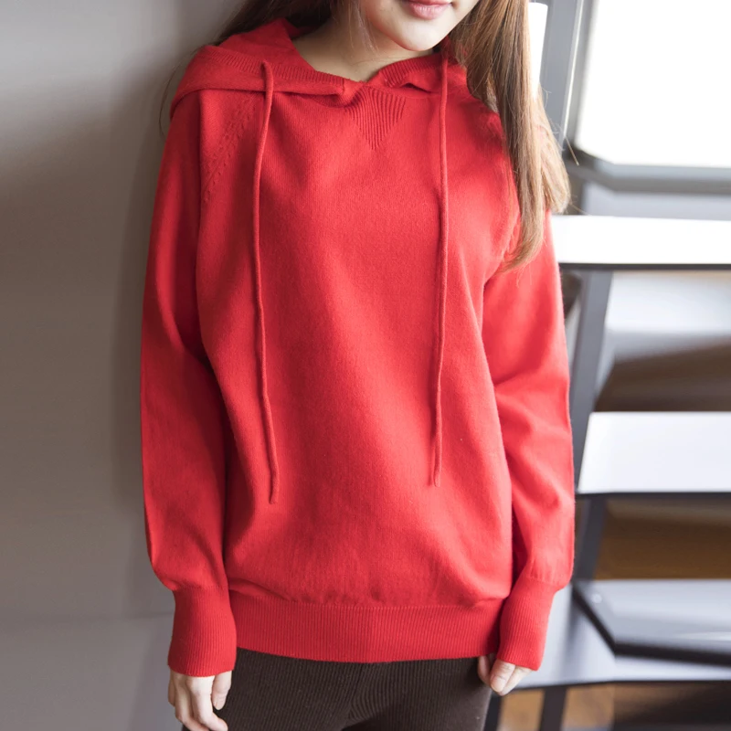 2019 Spring and Autumn New Loose Knit Pullover Quality Hooded Women Cashmere Sweater Solid Color Hooded Wool Sweater Coat D190