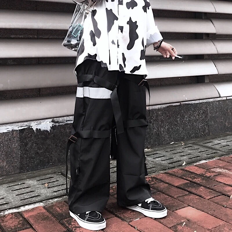Харадзюку уличная одежда корейский стиль, лоскутные Светоотражающие полосатые кольца с лентой в стиле хип-хоп панк Брюки карго свободные прямые штаны для бега Модные шаровары