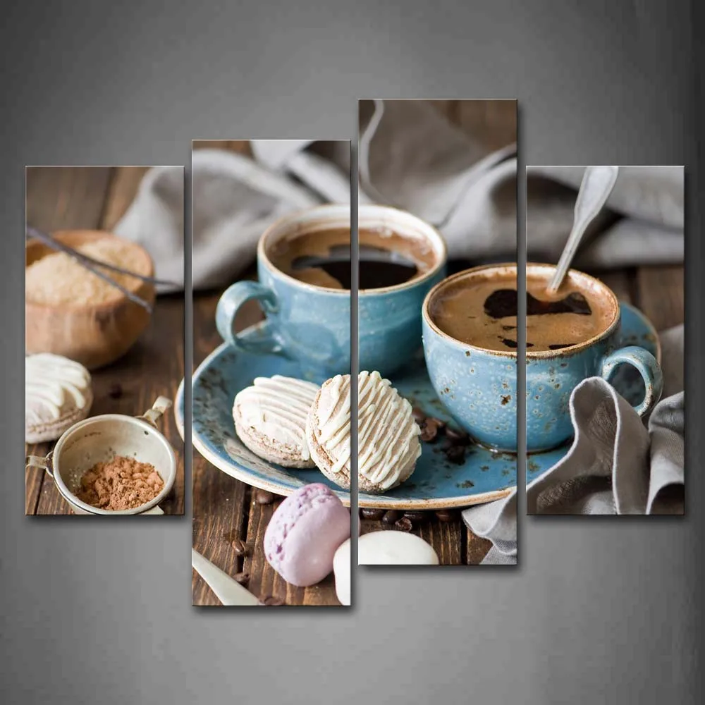 

Framed Wall Art Pictures Coffee Cup Biscuit Canvas Print Food Modern Poster With Wooden Frame For Home Living Room Decor