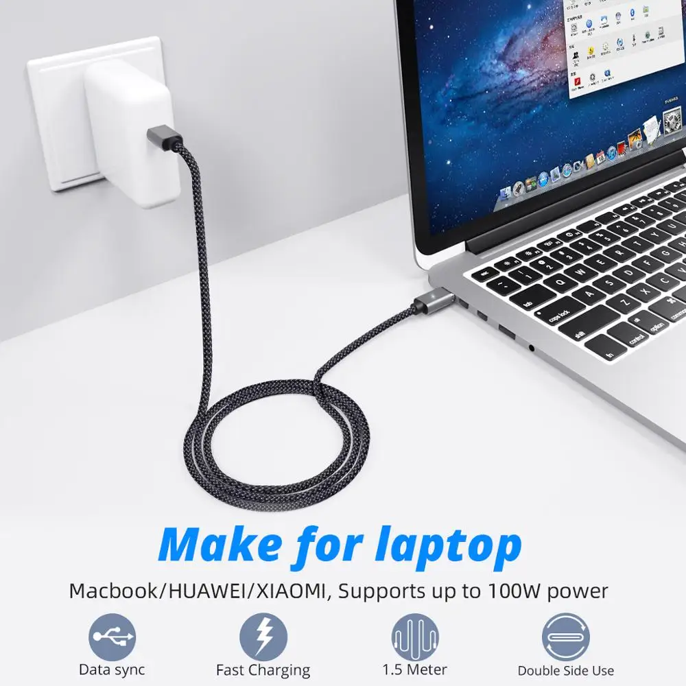 100 Вт USB C Магнитный кабель Type к 1 5 М ноутбук Usbc PD зарядное устройство Шнур Быстрая