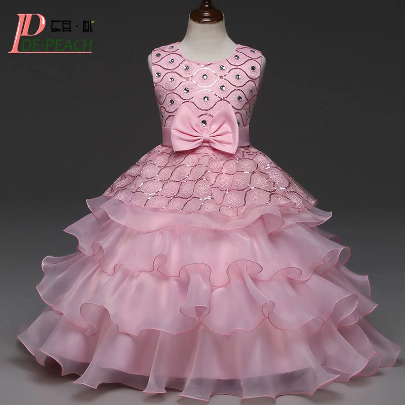

DE PEACH 2018 Summer Baby Girls Dresses For Wedding Flower Bowknot Children Lace tutu Girls Princess Party Dress Kids Clothes