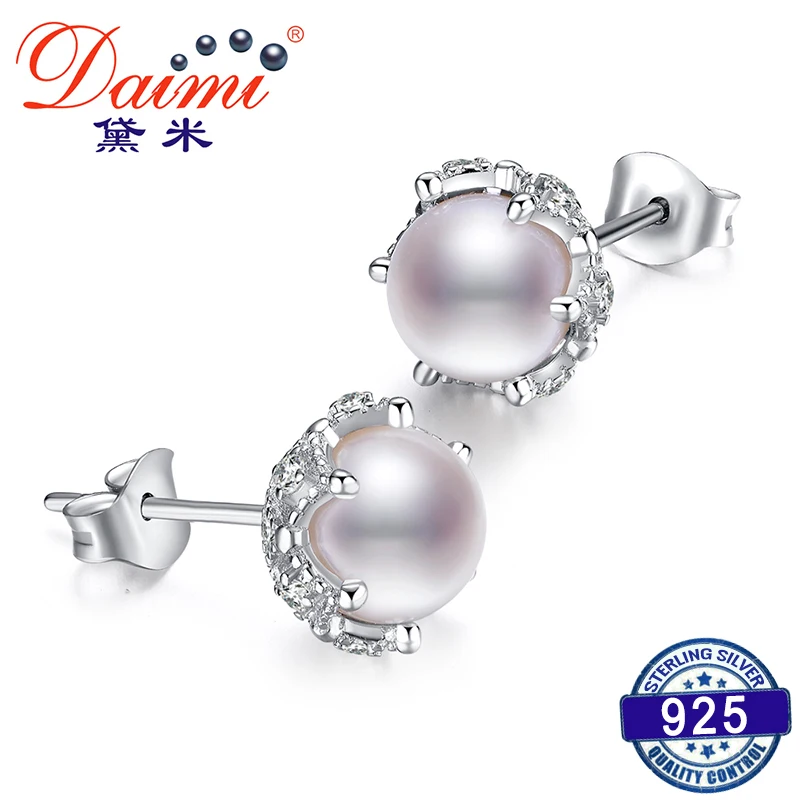 

DAIMI Shiny Round Earrings 6-7mm Natural Pearl Earrings 925 Silver Studs Earrings White Colors Brand Jewelry