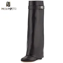 Женские сапоги до колена на танкетке с замком акулы; женские мотоциклетные сапоги без шнуровки, с отворотами; женские кожаные сапоги, визуально увеличивающие рост; Botas Mujer;
