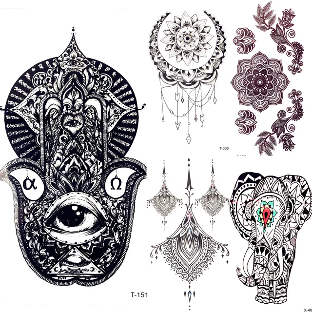Negro Henna Hamsa Mano Agua Transferencia Tatuaje Mandala Flor