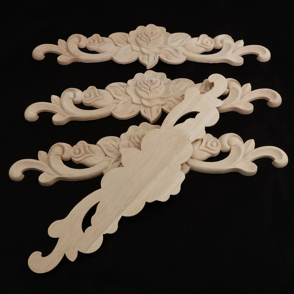 4pcs Retro Unpainted Floral Wood Carved Decal Corner Applique Frame For Home Furniture Wall Cabinet Door Decor