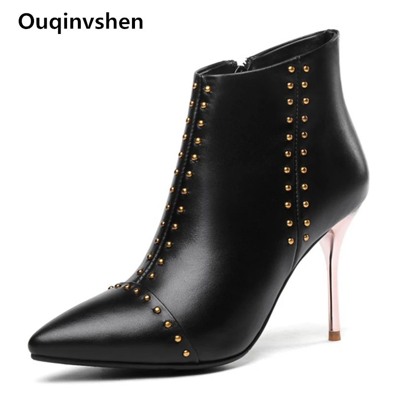 

Ouqinvshen Rivet Sewing Boots Women 2018 Thin Heels Plus Size 45 Plush Fashion Party Ankle Boots Pointed Toe Woman Winter Shoes