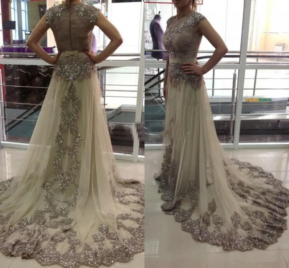 2015 Cheap Modest Cap Sleeve Appliques Beading Sequins Evening Dress Long Lace Tulle Women Formal Gowns vestidos para festa