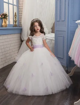 

New Customized Flower Girl Dresses O-neck Ball Gown Appliques Lace Up Back Girls Pageant Birthday Gown Vestidos Longo Any Color