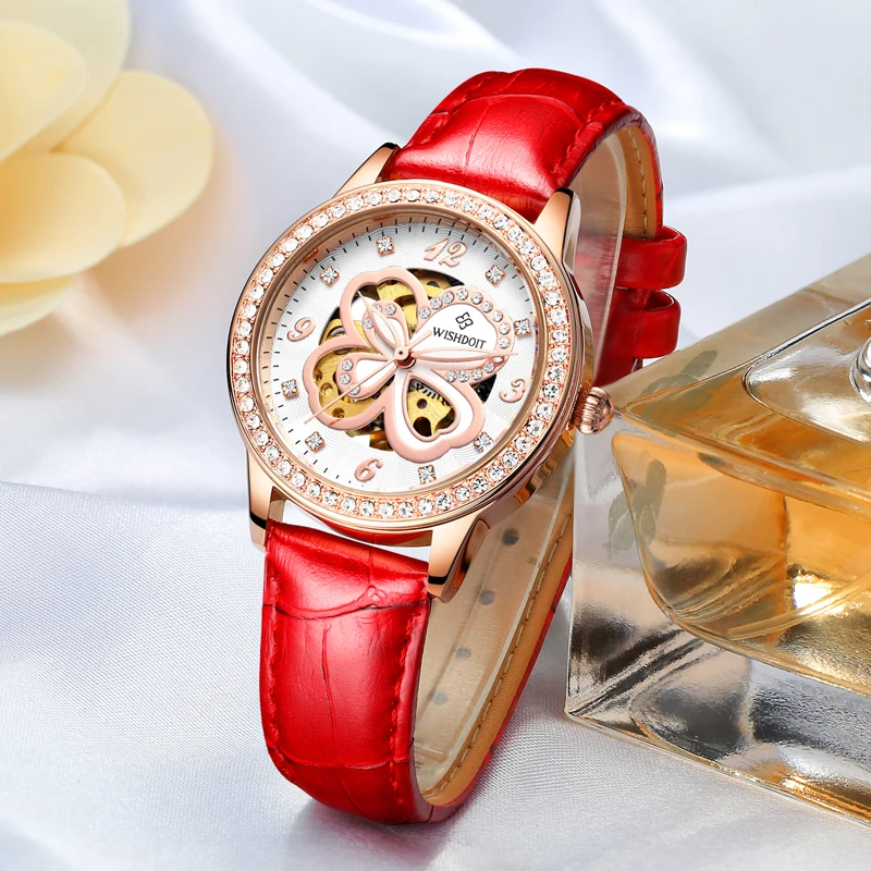 WISHDOIT Fashion Elegant Women Mechanical Wrist Watch Leather Watchband Female Automatic Clock Crystal Decoration Skeleton Dial WISHDOIT Fashion Elegant Women Mechanical Wrist Watch Leather Watchband Female Automatic Clock Crystal Decoration Skeleton Dial
