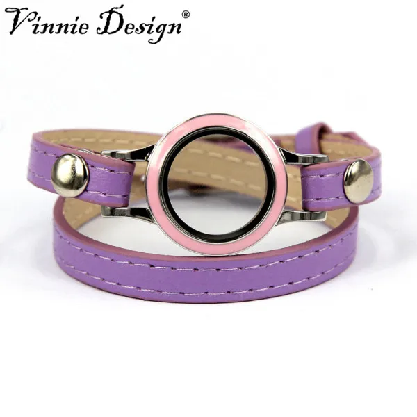 

Vinnie Design Jewelry New! 2019 Fashion PU Leather Bracelets with Stainless Steel Floating Locket Wrap Bracelet