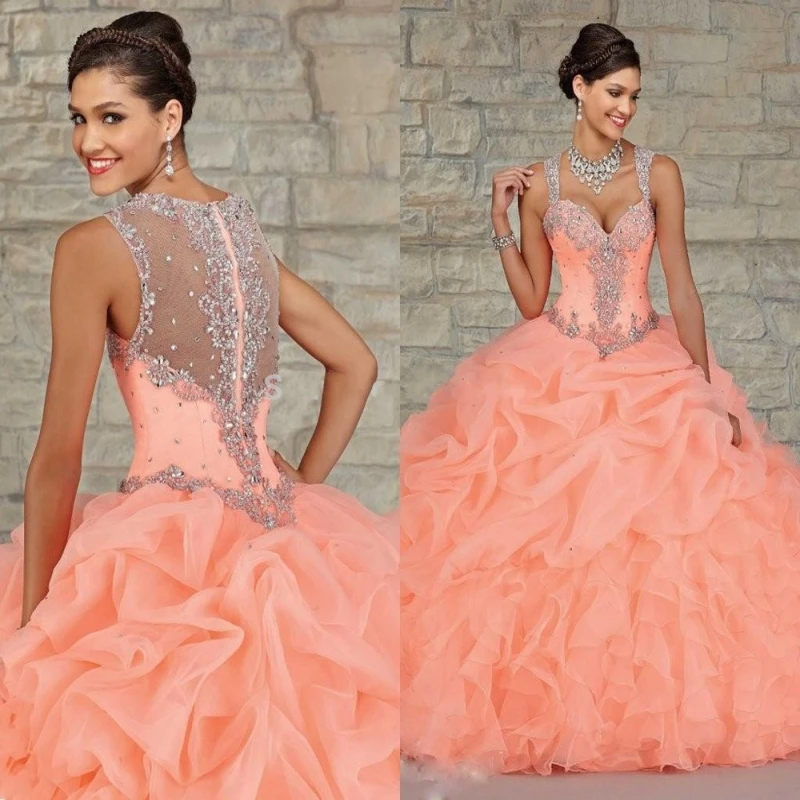 Stunning Peach Organza Ball Gown Quinceanera Dresses 2017 new Sheer Beads Crystal Draped dress