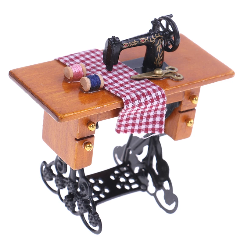 

New Arrival Vintage Miniature Sewing Machine With Cloth Accessory (scissors, thread) for 1/12 Scale Dollhouse Decoration