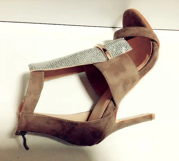 

Real Photo Newest 2017 Beige Suede Leather Cut-out Crystal Front High Heel Sandals Back Zipper Women Cage Shoes Thin Heel