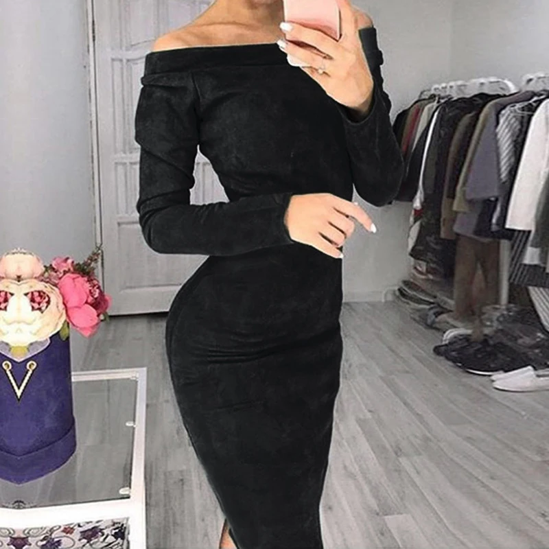 2018 Sexy Bodycon Off Shoulder Autumn Winter Women Dress Female Womens Holiday Party Casual Dresses Femme Solid Color Vestidos