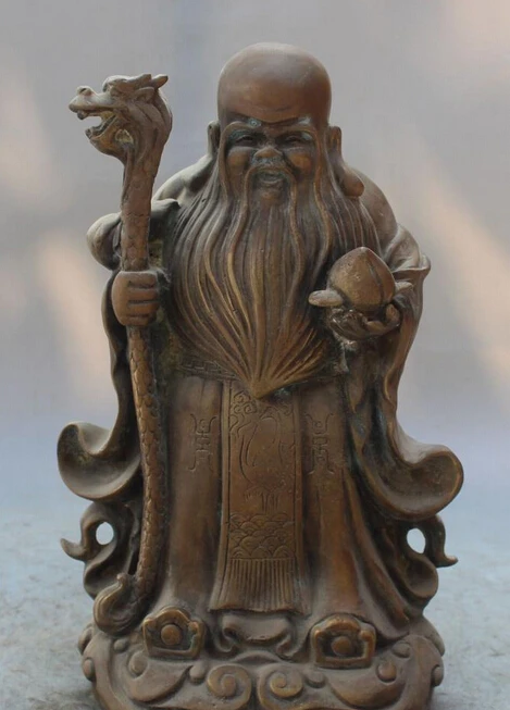 

xd 002505 10" Chinese Bronze Fu RuYi Dragon Crutch God Longevity Peach Shou Star Statue