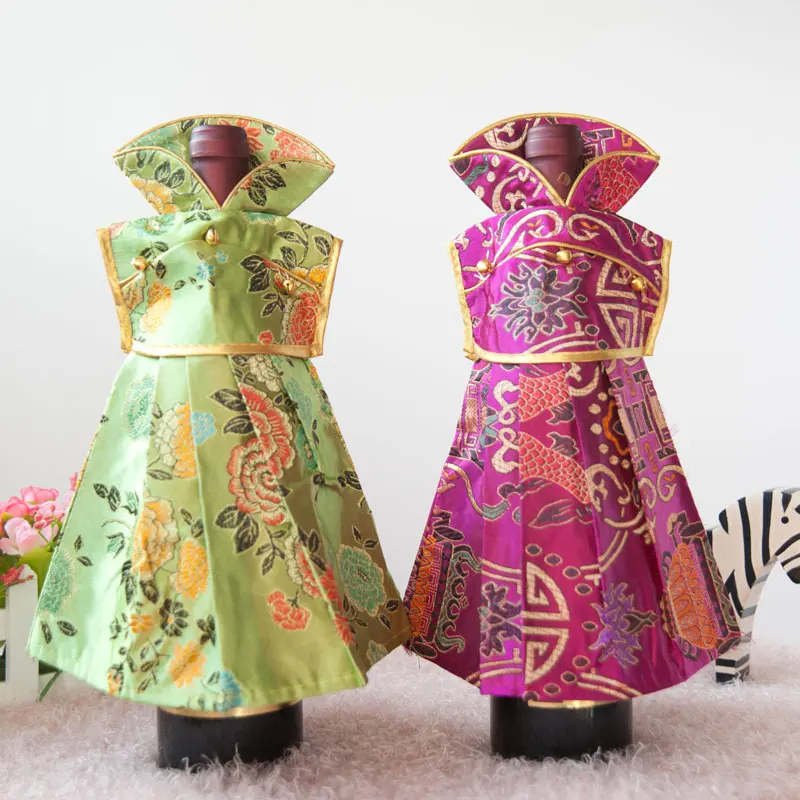 

Floral Dress Silk Satin Christmas Wine Bottle Cover Bag Wedding Party Table Decoration Red Wine Bottle Dress Bag fit 750ml 10pcs