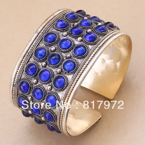 

Charm Blue lapis lazuli more bling beaded inlay tibet silver cuff bracelet quality Adjustable Party Gift &6YB00031