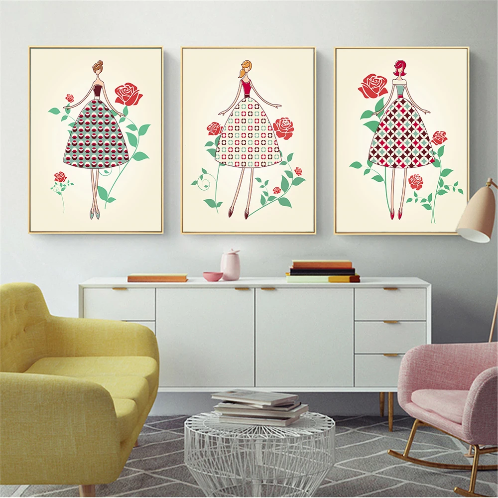 Watercolor Canvas Painting Nordic Poster Cartoon Flowers Girl Pictures Home Decoration Hd Giclee Print For Living Room Wall Art