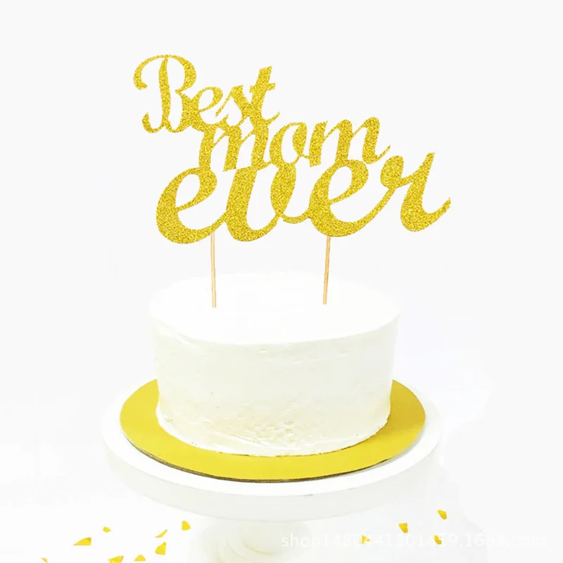 Best Mom Ever Cake Topper Cupcakes flag Shower Supplies Gold Silver Glitter Paper Mom